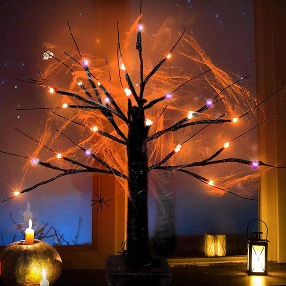 Dimmable 23.6 Inch Halloween Tree Halloween Decorations with 24LED Orange and Purple Lights and Halloween Indoor Tabletop Black Tree with Spider and Scary Web,8 Light Modes,USB/Battery Power