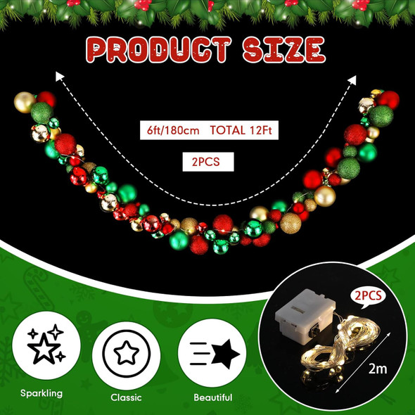 Hiboom 2 Pcs 12 Feet LED Christmas Garland Balls Ornaments Xmas Hanging Bulb Ball Garland with Lights Xmas Tree Balls Decor for Christmas Tree Fireplace Party Holiday Decor (Red, Green, Gold)