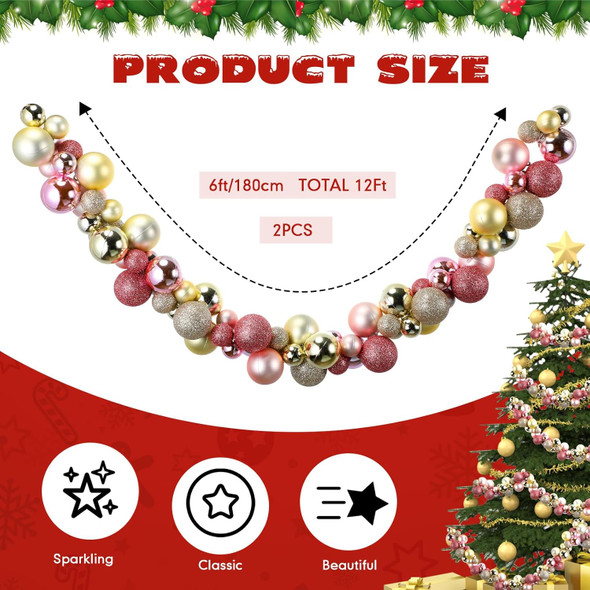 Hiboom 2 Pcs 6 Feet Christmas Garland Christmas Ball Garland Ornaments Indoor Outdoor Garland Xmas Decorative Hanging Ornaments for Christmas Tree Party Holiday Decors (Rose Gold, Champaign Gold)