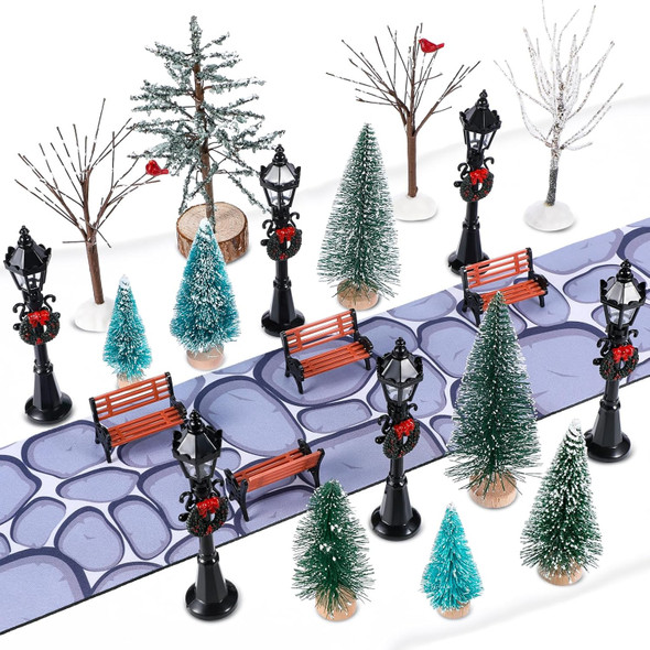 Hiboom 32 Pcs Christmas Figurine Village Accessories Mini Village Trees Frosted Christmas Pine Trees Cobblestone Street Accessory Figurine Village Display for Xmas Winter House Decor