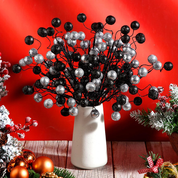 Hiboom 30 Pcs Christmas Glitter Ball Picks 14 Inch Artificial Curly Spray Ball Sticks Decorative Stem Picks for Holiday Wedding Vase Fillers Xmas Tree Topper DIY Wreath Crafts Decor (Black and Silver)
