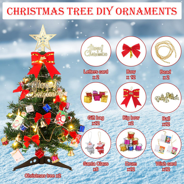 Hiboom 2 Pcs 24 Inches Mini Christmas Tree with LED Lights Tabletop Prelit Star Treetopper Small Christmas Tree Decorated Boxes Hanging Ornaments for Xmas Winter Holiday DIY Decorations