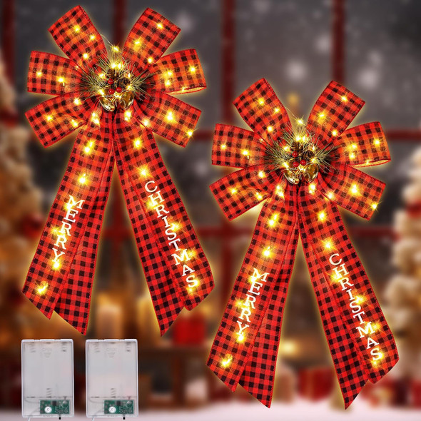 Hiboom 2 Pcs Lighted Large Christmas Bows Decoration, 20 x 12'' Red Black Plaid Burlap Wreath Bow with Berries Hazelnuts Bells Pine Needles Ornament for Christmas Party Front Door Fireplace Wall Decor