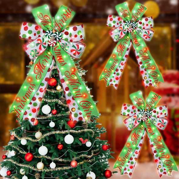 Hiboom 2 Pack Lighted Christmas Tree Topper Bows, 20 x 12'' Large Christmas Wreath Bow Tree Topper, Red Green White Candy Ribbon Bows for Xmas Ornament Holiday Front Door Fireplace Home Decorations