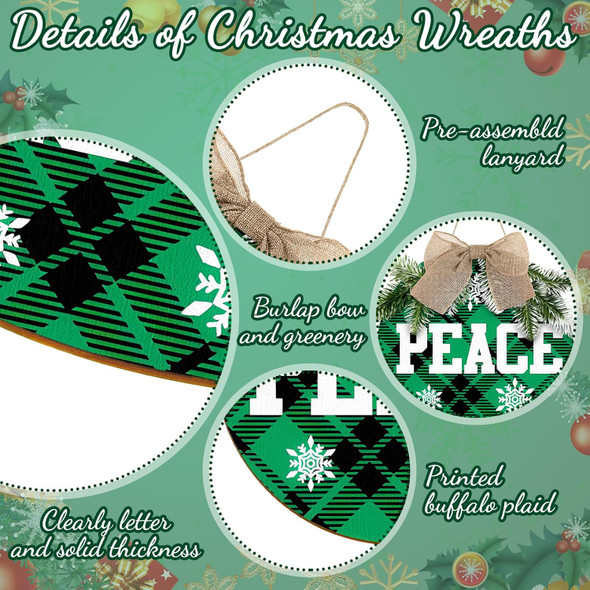 3 Pieces Christmas Hanging Sign Decorations Peace Joy Love Sign Buffalo Check Plaid Wreath for Front Door Rustic Burlap Wooden Holiday Decor Christmas Indoor Outdoor Decorations (Green Black)