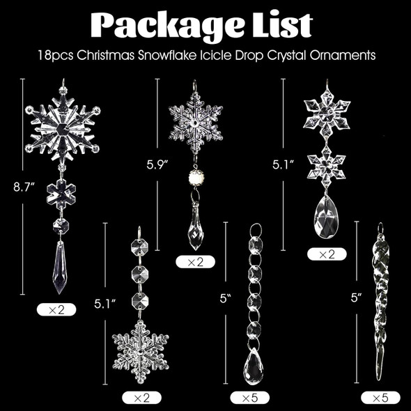 18 Pcs Crystal Snowflake Ornaments and Icicle Ornaments for Christmas Tree, Hanging Acrylic Snowflake and Icicle Ornaments for Christmas Winter Year Party and Home Decorations