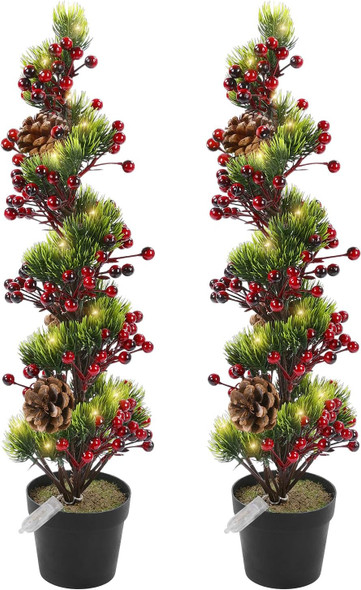 HiiARug 2 Packs Pre-lit Artificial Mini Christmas Tree, 21" Pre-lit Christmas Tree Tabletop Trees with Pine Cones, Red Berries, Pot Faux Christmas Tree for Front Porch Indoor Outdoor Christmas Decor