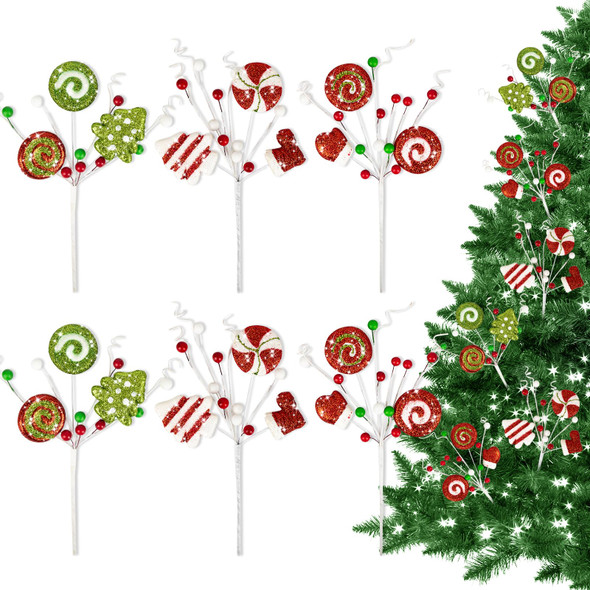Christmas Tree Picks Candy and Lollipop Pick for Christmas Tree Filler Decoration,Red Green and White Glitter Christmas Pick for Tree Topper Wreath Vase Home Holiday Decorations(6 Pieces,14 inches)