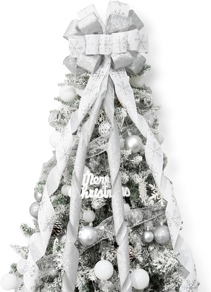Christmas Tree Topper Bow, 53x13 Inches Large Christmas Bow with Glitter Streamer and Patterned Ribbon, Decorative Bows for Xmas Tree Wreath Door Festival Home Decor(White & Silver Snowflake)