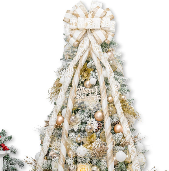 Christmas Tree Topper Bow，53x15 Inches Large Christmas Bow with Glitter Streamer and Patterned Ribbon，Decorative Bows for Xmas Tree Wreath Door Festival Home Decor(White Gold)