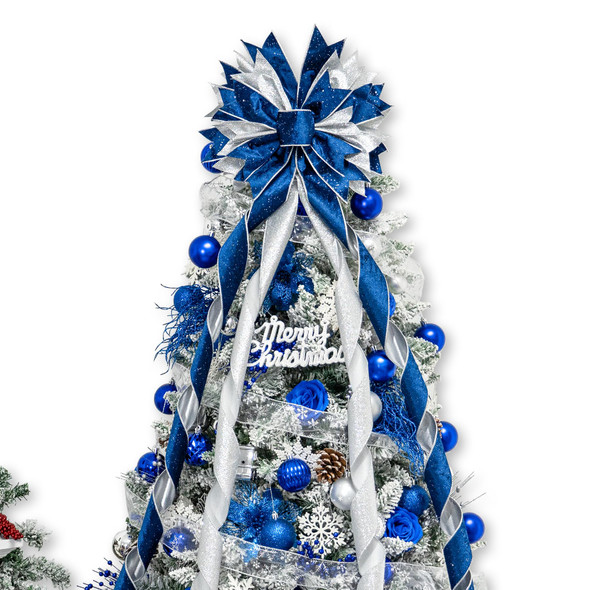 Christmas Tree Topper Bow, 53x13 Inches Large Christmas Bow with Glitter Streamer, Decorative Ribbon Bows for Xmas Tree Wreath Door Festival Home Decor(Blue & Silver)