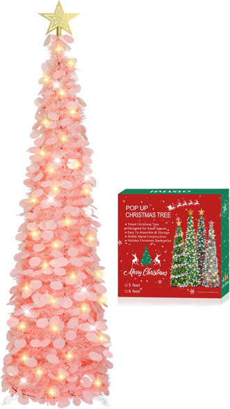 HMASYO 5 FT Pop Up Christmas Tree with Timer Lights, Pink Tinsel Christmas Tree, Collapsible Artificial Pencil Christmas Tree for Indoor Home Apartment Porch Holiday Party Decorations