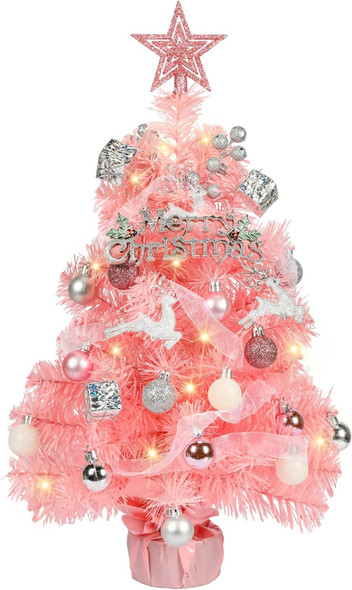 HMASYO Small Christmas Tree with Lights and Ornaments, 22 Inch Pink Tabletop Mini Christmas Tree with Light, Star Topper, DIY Artificial Table Top Xmas Tree for Holiday Indoor Home Decoration