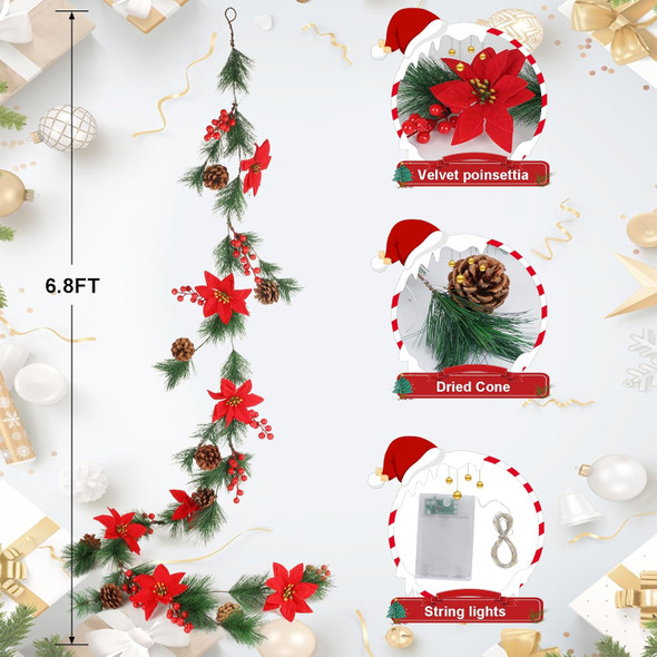 Christmas Garland 6.8FT Real Touch Norfolk Pine Garland Poinsettia Christmas Mantle Garland with 30 Lights Red Berry Cones for Fireplace Party Holiday Door Table Staires Railing Decor