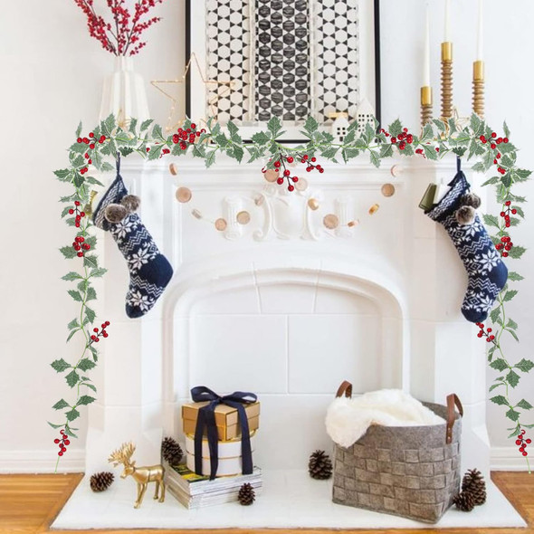 2Pcs 7.87ft Red Berry Christmas Garland with Green Leaves Wired Artificial Holly Berry Garland Xmas Decorations for Indoor Outdoor Fireplace Mantle Stairs Table Winter Year Holiday Decor