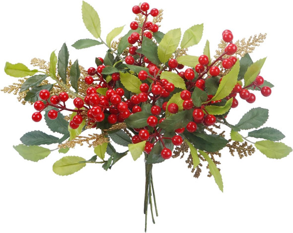 8 Pcs Christmas Sprigs Red Berry Picks with Gold Glitter Pine Branch 9.8" Faux Fake Holly Berries Stems for Tree DIY Craft Garland Home Decor