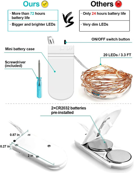 20 Pack Fairy Lights Battery Operated 3.3ft 20 LED Mini String Lights Twinkle Lights Copper Wire Firefly Starry Lights for Mason Jars Wedding Party Christmas Centerpiece Table Decorations, Warm White
