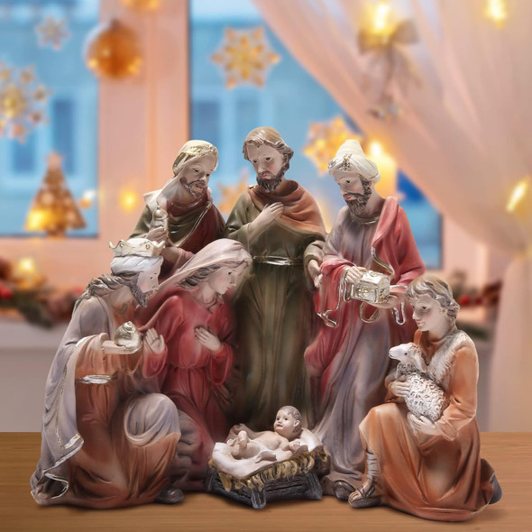 Hodao Christmas Decoration Indoor Home Decor-7.5''H 9.25''L 4.5''W Nativity Sets-Xmas Holiday Decor for Tabletop Home Party Room Table Fireplace Office (Traditional Color)