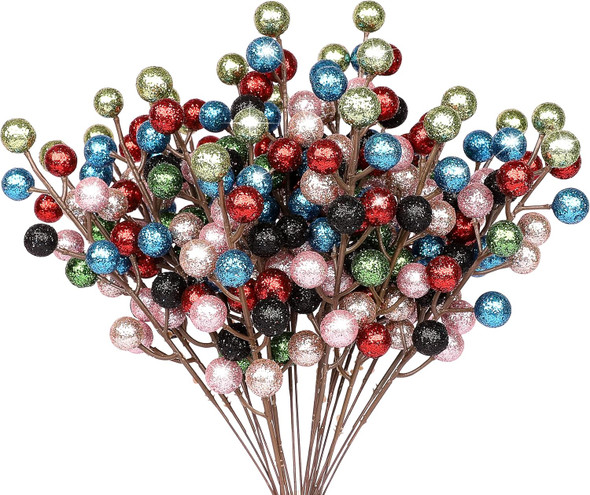 HOHOTIME 24 Pack Artificial Berry Stems Branches, Christmas Faux Holly Colorful Berries Branches Ornaments for Christmas Tree Wreath DIY Craft Decorations Holiday Home Decor(Colorful)