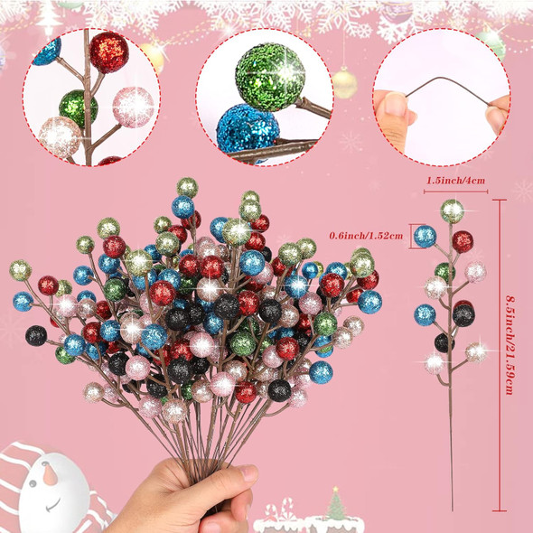 HOHOTIME 24 Pack Artificial Berry Stems Branches, Christmas Faux Holly Colorful Berries Branches Ornaments for Christmas Tree Wreath DIY Craft Decorations Holiday Home Decor(Colorful)