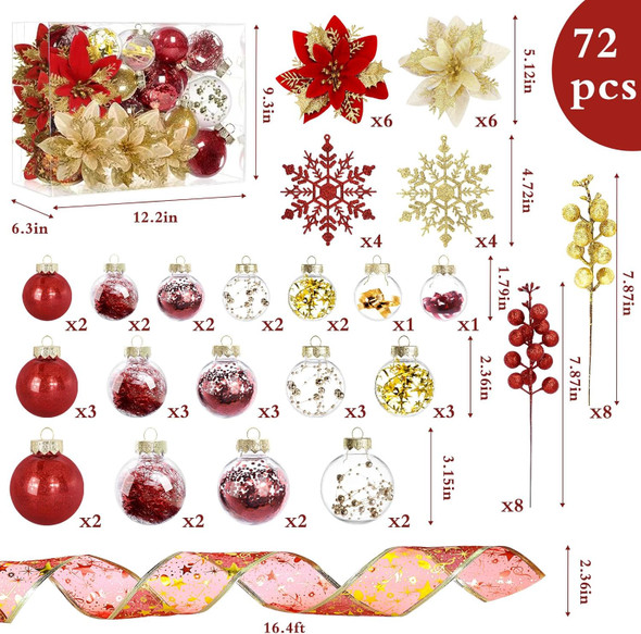 HOHY 72pcs Christmas Ornaments Set Christmas Tree Decorations Red and Gold Christmas Ornaments Ball Shatterproof Ornaments with Snowflake, Glitter Poinsettia Flowers, Glitter Berries Stems, Ribbon