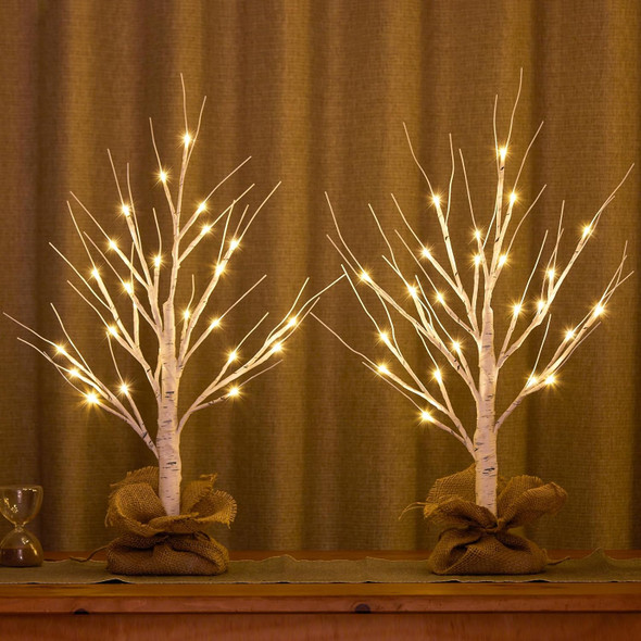 Lighted Birch Tree, 2pcs 24in Christmas Tabletop Tree, USB Rechargeable Base with Timer Function, Pre-Lit Artificial Mini Money Birch Tree for Home Centerpiece Fireplace Party Decor