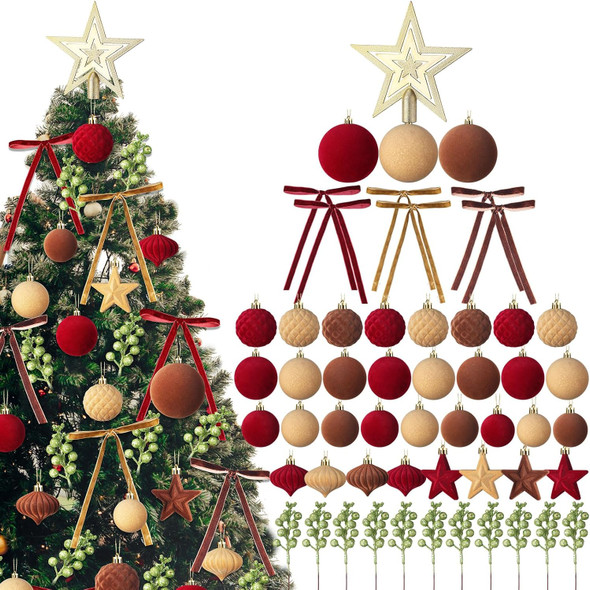 95 PCS Velvet Christmas Tree Decorations Set, 70 Assorted Velvet Flocked Ball Ornament 12 Velvet Bow 1 Top Star 12 Glitter Berry Stems for Xmas Holiday Tree Wreath(Wine Red, Brown, Khaki)