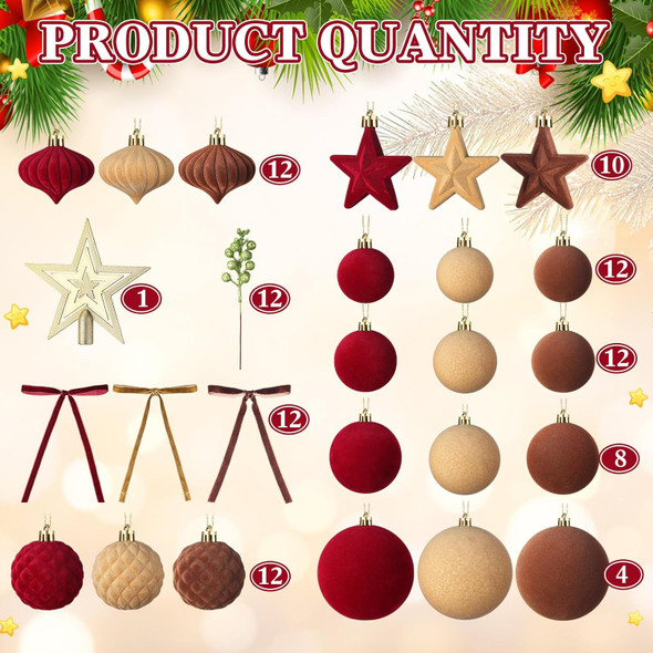 95 PCS Velvet Christmas Tree Decorations Set, 70 Assorted Velvet Flocked Ball Ornament 12 Velvet Bow 1 Top Star 12 Glitter Berry Stems for Xmas Holiday Tree Wreath(Wine Red, Brown, Khaki)