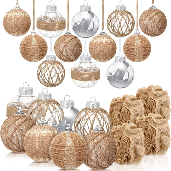 28 Pcs Farmhouse Christmas Ornaments Rustic Burlap Christmas Tree Ornaments Decoration Hanging Burlap Christmas Ball Ornament Burlap Garland Ribbon for Xmas Christmas Holiday Party
