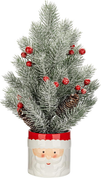 Small Christmas Tree Tabletop Snowman Potted Plants with Vase 14.2" Artificial Mini Xmas Tree Decorations Slim Pine Needles Plant with Christmas Ball Ornaments Berries Pine Cones Home Christmas Decor