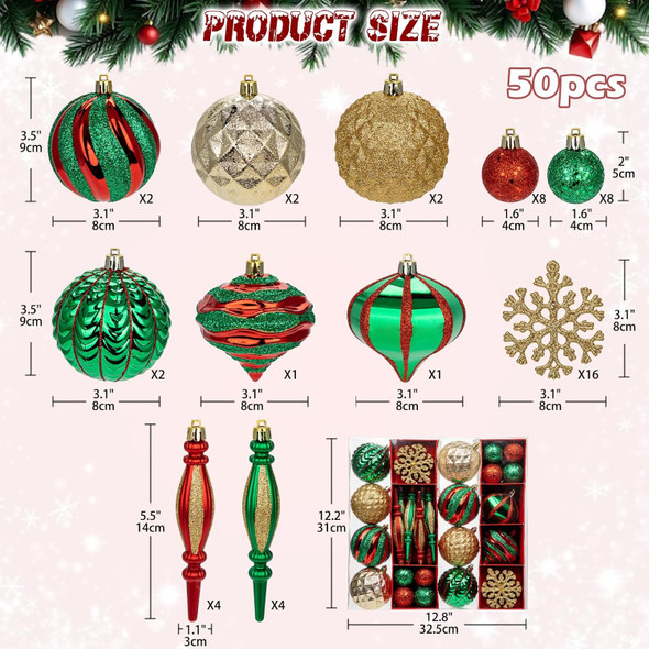 Hollyone Christmas Balls Ornaments Set, 50pcs Glitter Red Green and Gold Shatterproof Christmas Ball Snowflakes Tree Ornaments Hanging Ball Decoration for Xmas Tree Wreath Garland Wedding Home Decor