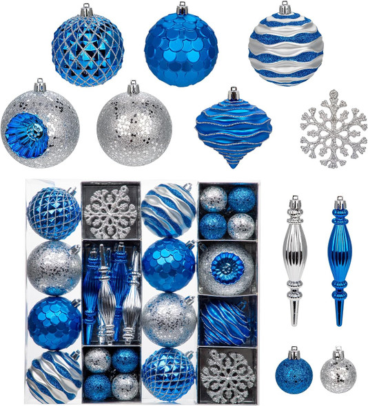 Hollyone Blue and Silver Christmas Balls Ornaments Set, 50pcs Large Glitter Shatterproof Christmas Snowflakes Ornaments Bulk Decoration Hanging Ball for Xmas Tree Wreath Garland Wedding Home Decor
