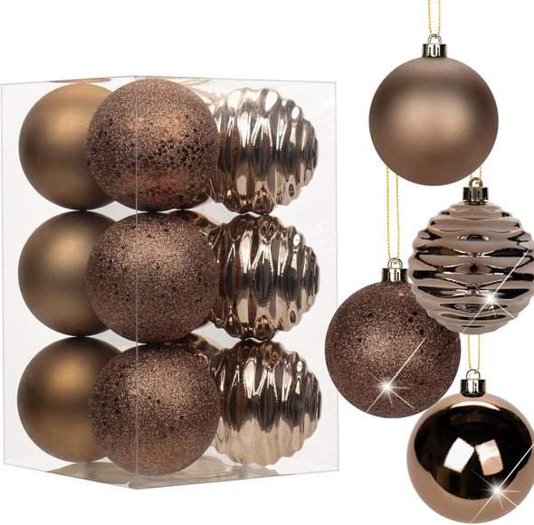 3.15" Christmas Ball Ornaments Brown 12 Pcs Shatterproof Christmas Tree Decorations Xmas Tree Medium Christmas Ornaments Balls with Hanging Loop for Halloween Wedding Holiday Party Wreath Home Decor