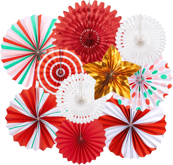 Christmas Hanging Decorations Indoor, Red Gold Peppermint Candy Hanging Christmas Decorations, Hanging Paper Fans, Xmas Wall Décor, Classroom Decorations for Xmas Holiday Ceilings Wall