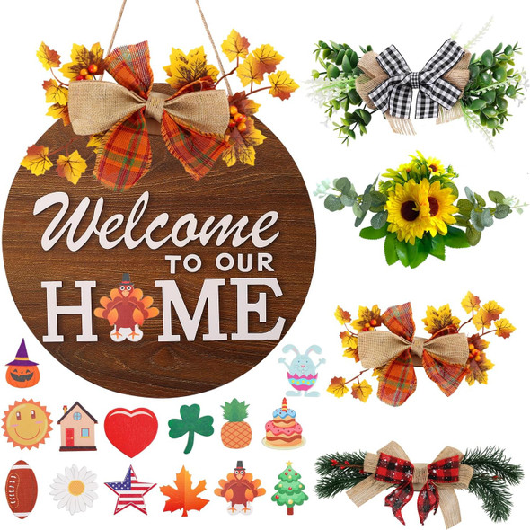 Interchangeable Welcome Sign for Front Door with 4 Seasonal Wreaths and 14 Changeable Icons, Farmhouse Front Door Signs, Door Decoration Porch Decor, Seasonal Wooden Home Sign Home décor (6wood)