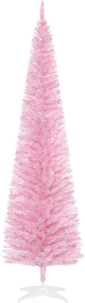 HOMCOM 7' Artificial Pencil Christmas Tree, Slim Xmas Tree with 499 Realistic Branch Tips and Plastic Stand, Pink