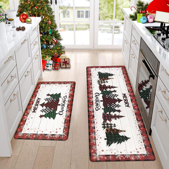Homcomoda Christmas Tree Kitchen Mats 2 Piece Set Non Slip Waterproof Kitchen Rugs and Mats Anti Fatigue Cushioned Kitchen Floor Mats Farmhouse Xmas Comfort Standing Mat for Floor Kitchen Sink Laundry