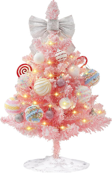 Mini Pink Christmas Tree, 2ft Artificial Small Tabletop Christmas Tree, Table Top Christmas Tree with Bow, Ball Ornaments and White Tree Skirt DIY Christmas Decorations