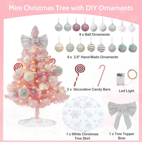 Mini Pink Christmas Tree, 2ft Artificial Small Tabletop Christmas Tree, Table Top Christmas Tree with Bow, Ball Ornaments and White Tree Skirt DIY Christmas Decorations
