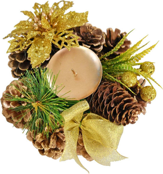 HOME-X Golden Pinecone Christmas Wreath Candle Holder, Artificial Advent Wreath, Winter Home Decorations, (6” Diameter)