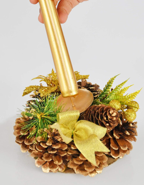 HOME-X Golden Pinecone Christmas Wreath Candle Holder, Artificial Advent Wreath, Winter Home Decorations, (6” Diameter)