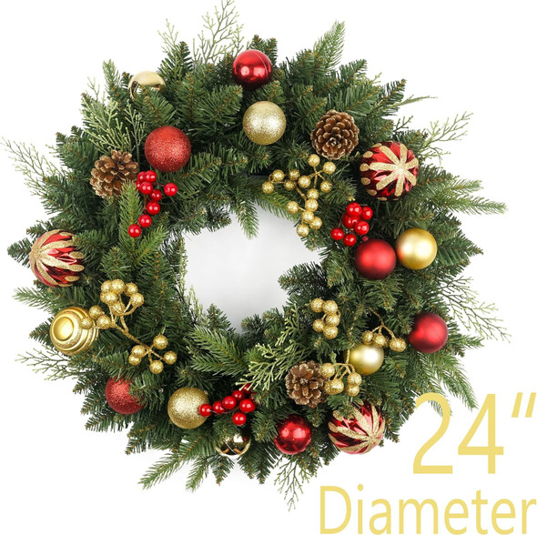 Christmas Wreath Pre-lit 24 inch with 50 Light & Red Gold Ball Pine Cone, Artificial Christmas Wreaths for Front Door with Lights, Wreath for Christmas Decoration Door Windows Wall Green