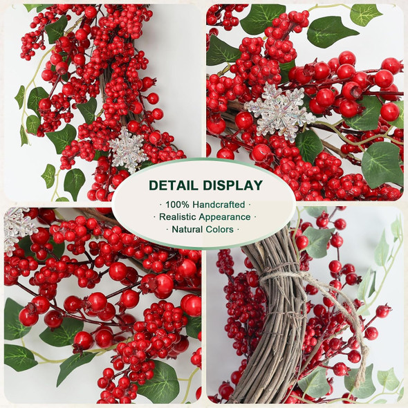 Red Berry Christmas Wreaths for Front Door 20 Inches, Xmas Winter Wreath with Snowflakes for Window Outdoor Outside, Artificial Holiday Farmhouse Modern Wreath for Indoor Decor