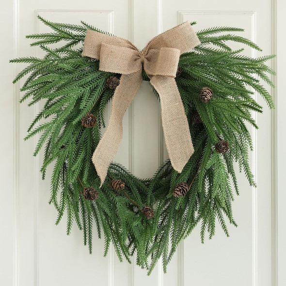Plain Christmas Norfolk Pine Wreaths for Front Door 20 Inches, Real Touch Heart Xmas Winter Wreath with Burlap Bow for DIY Window Outdoor Outside, Holiday Farmhouse Wreath for Indoor Decor