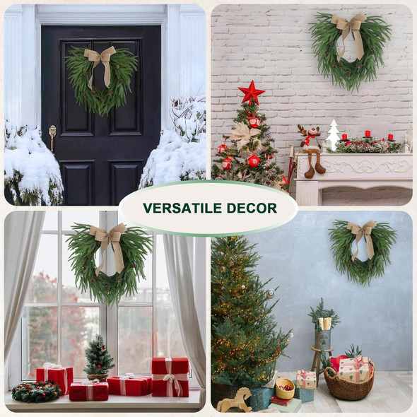 Plain Christmas Norfolk Pine Wreaths for Front Door 20 Inches, Real Touch Heart Xmas Winter Wreath with Burlap Bow for DIY Window Outdoor Outside, Holiday Farmhouse Wreath for Indoor Decor