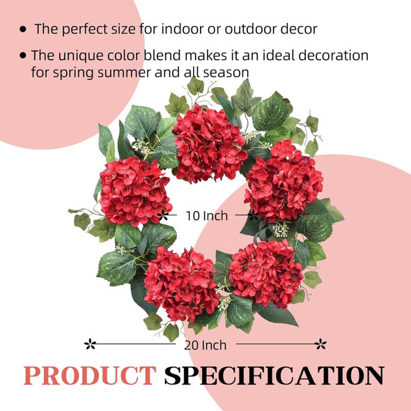 Burgundy Hydrangea Spring Wreath for Front Door, 18-20Inch Outdoor Red Summer Wreath for Wedding Home, Farmhouse Indoor Decor for All Seasons, Year Round Flower Fall Christmas Wreath