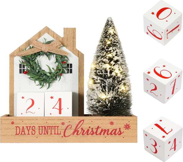 Christmas Tree Countdown Block LED Lighted 99 Days Until Christmas Wreath Calendar Tabletop Number Date Rustic Wooden Home Decor Holiday Xmas Ornament Desk Decoration