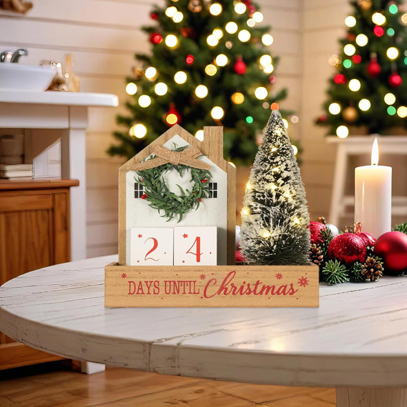 Christmas Tree Countdown Block LED Lighted 99 Days Until Christmas Wreath Calendar Tabletop Number Date Rustic Wooden Home Decor Holiday Xmas Ornament Desk Decoration