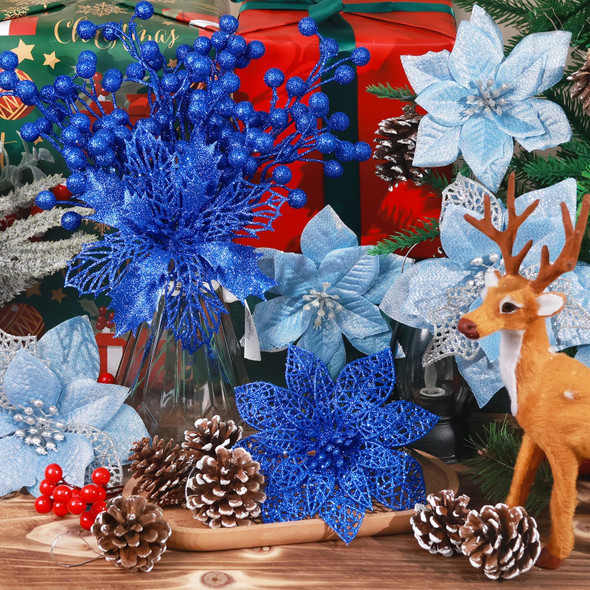 Hommtina 56 Pcs Christmas Decorations, 4 Styles Poinsettias Artificial Christmas Flowers Glitter Berries Stems Ornaments Tree with Pine Cones & Stems for Xmas Wedding DIY Wreath Floral Party (Blue)