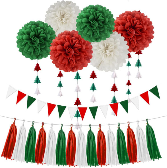 Red White Green Christmas Decorations - 23pcs Tissue Paper Flowers Pom Poms Tassel Garland Banner 3D Christmas Tree Paper Streamers Christmas Party Decorations For Home Indoor Outdoor Hanging Decor